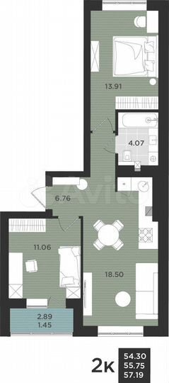 2-к. квартира, 57,2 м², 5/9 эт.