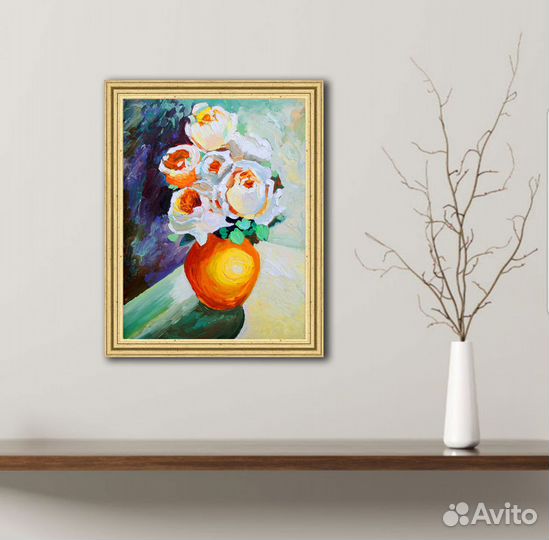 Картина Розы белые Букет цветов в вазе масло 15*21