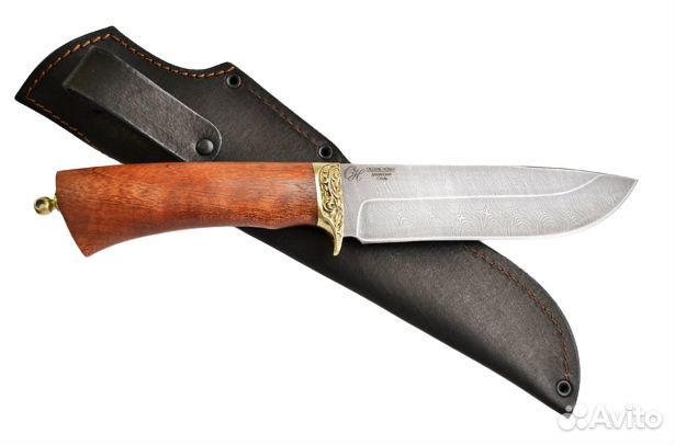 Нож Кабан из дамаска, рукоять из дерева сапели с б
