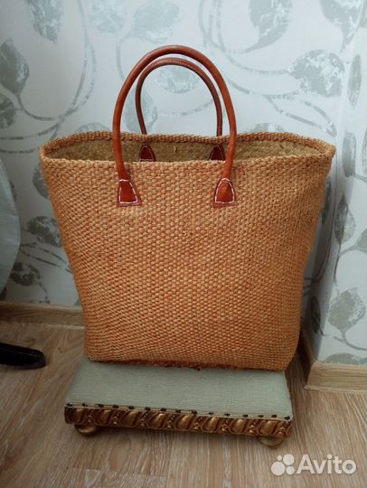 Большая плетёная сумка соломка+джут