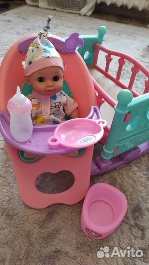 Кукла пупс со стульчиком и кроваткой