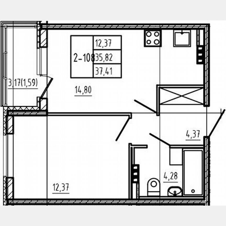 1-к. квартира, 35,8 м², 4/4 эт.