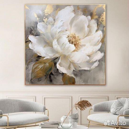 Картина маслом цветы Нежный белый пион