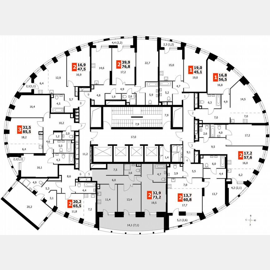 2-к. квартира, 73,2 м², 7/44 эт.