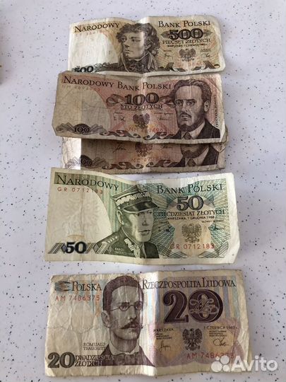 Купюры 500, 100, 50 и 20 злотые Польша 1982 г