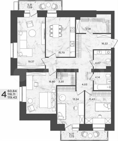 4-к. квартира, 119,4 м², 3/10 эт.