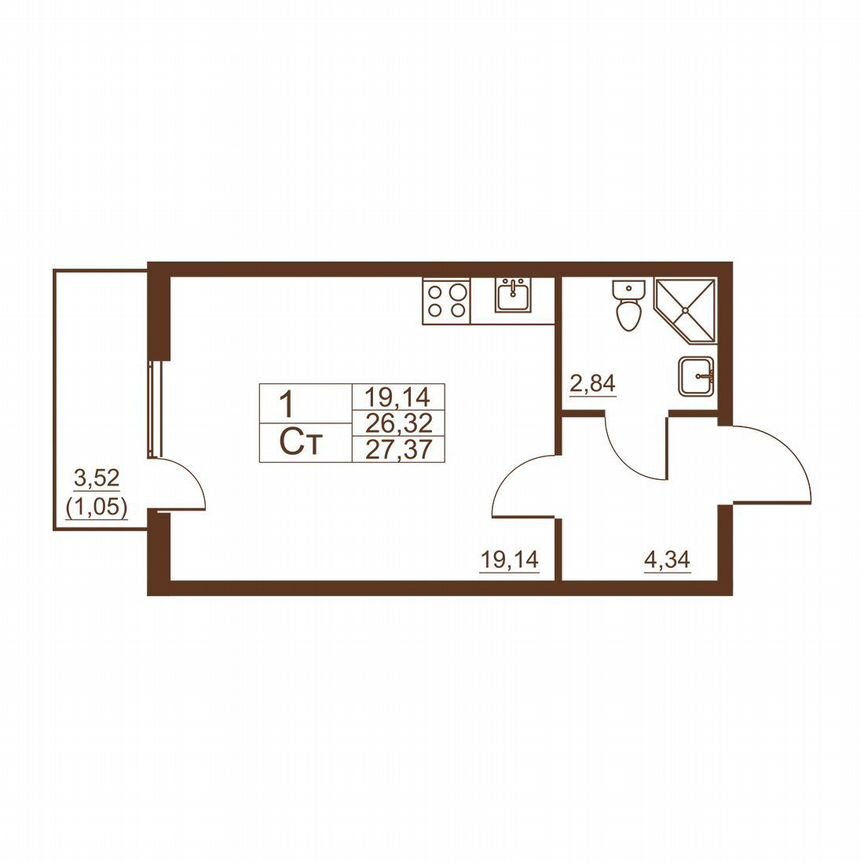 Квартира-студия, 26,3 м², 2/11 эт.