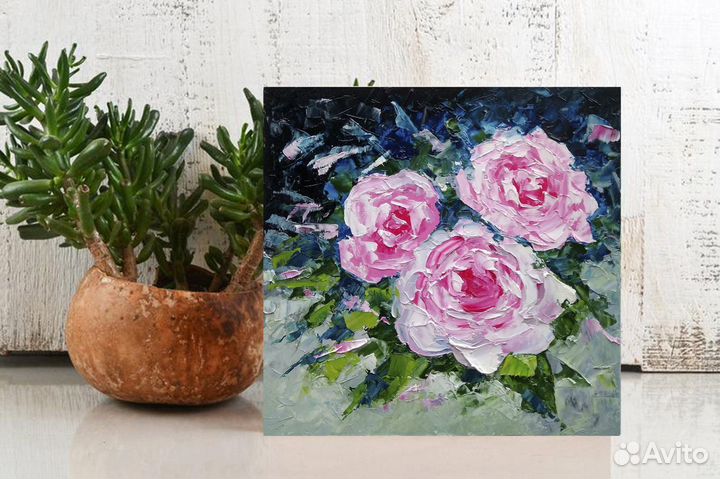 Картина цветы розы натюрморт с букетом 20х20 см