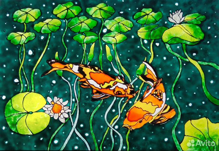 Декоративное панно Карпы и Лотосы. Витражная роспи