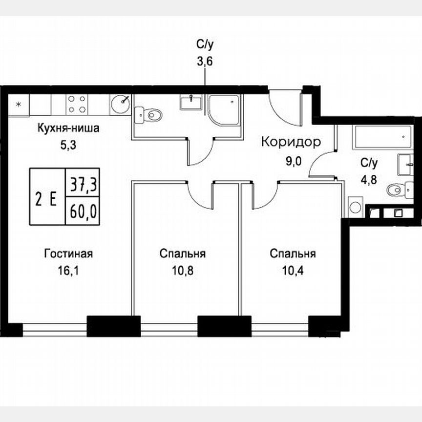 2-к. апартаменты, 60 м², 25/30 эт.