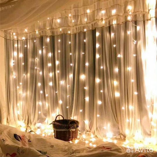 Гирлянда штора 3 на 3 метра занавес золотая белая