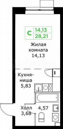 Квартира-студия, 28,2 м², 7/25 эт.
