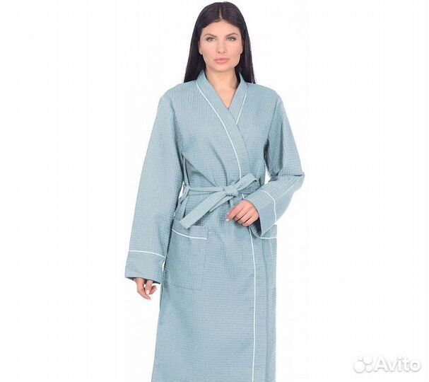 Халат вафельный Home One с кантом голубой 46
