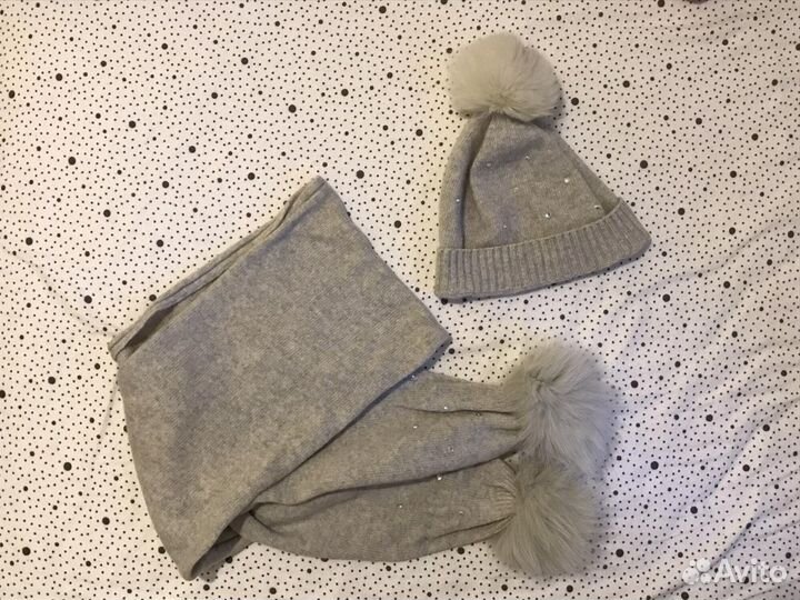 Кашемировые шапка и шарф серые (+ красная)