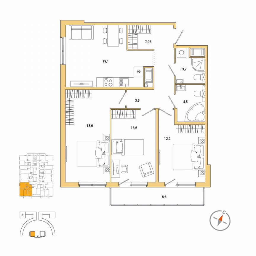 3-к. квартира, 85,4 м², 8/25 эт.