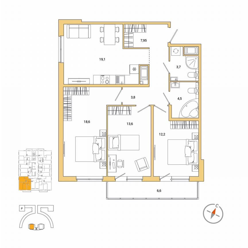3-к. квартира, 85,4 м², 8/25 эт.