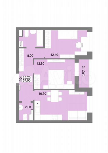 2-к. квартира, 57,9 м², 12/12 эт.