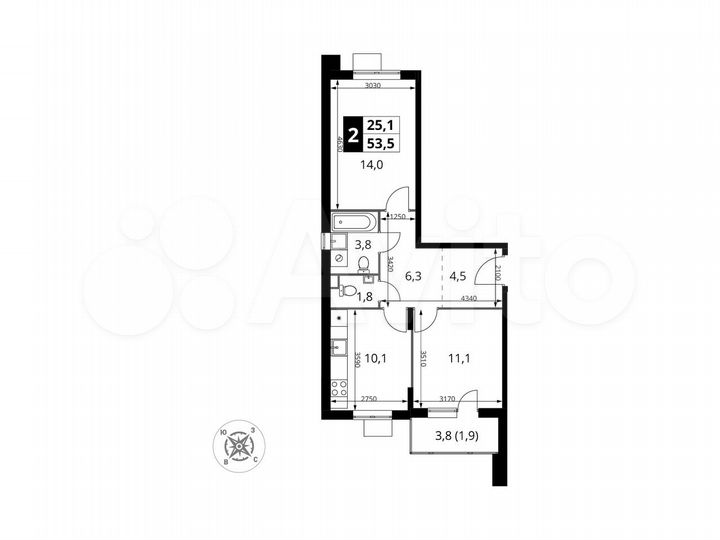 2-к. квартира, 53,5 м², 17/17 эт.