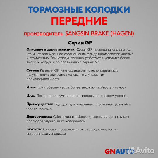 Тормозные колодки передние GP1682 Sangsin Brake