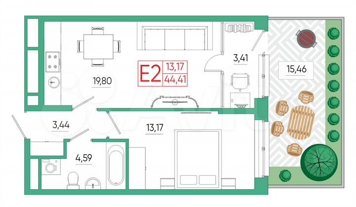 1-к. квартира, 44,4 м², 1/25 эт.