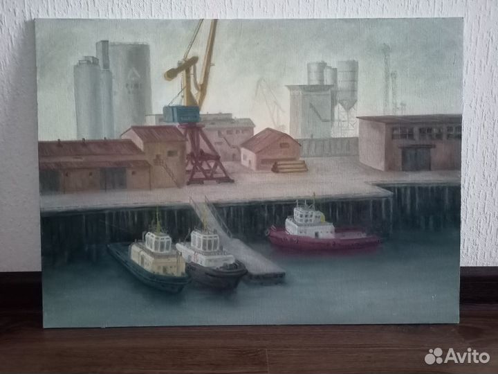 Картина, живопись маслом, в порту, подарок
