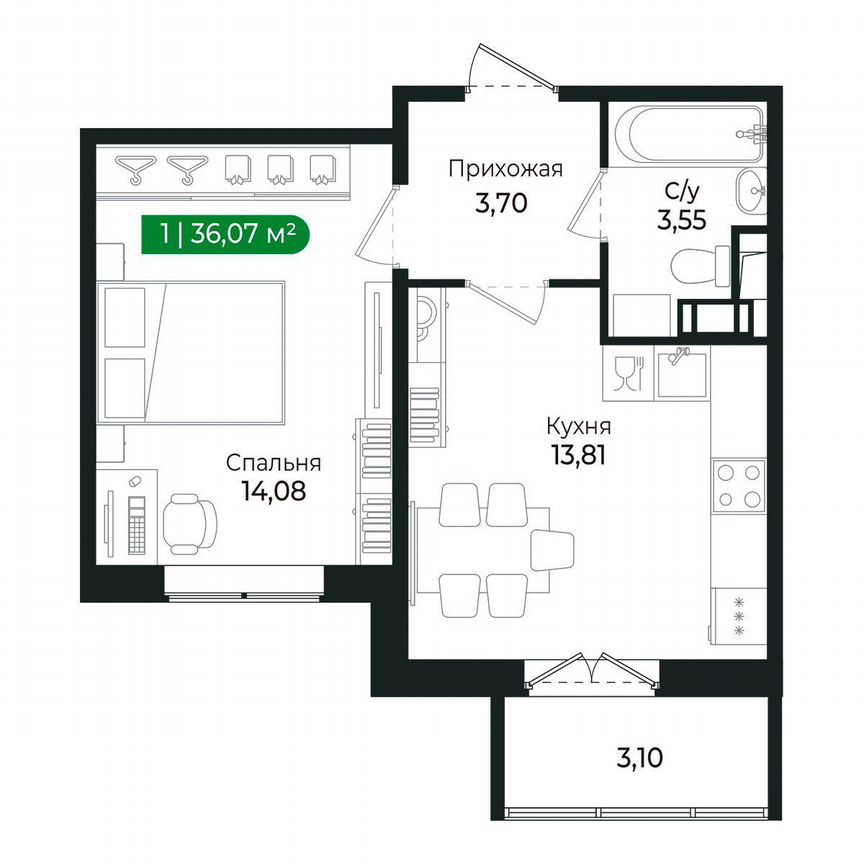 1-к. квартира, 36,1 м², 6/8 эт.