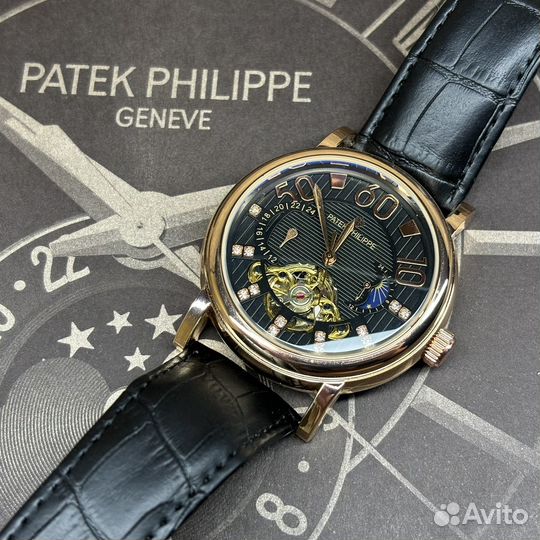 Мужские золотые часы Patek на кожаном ремешке