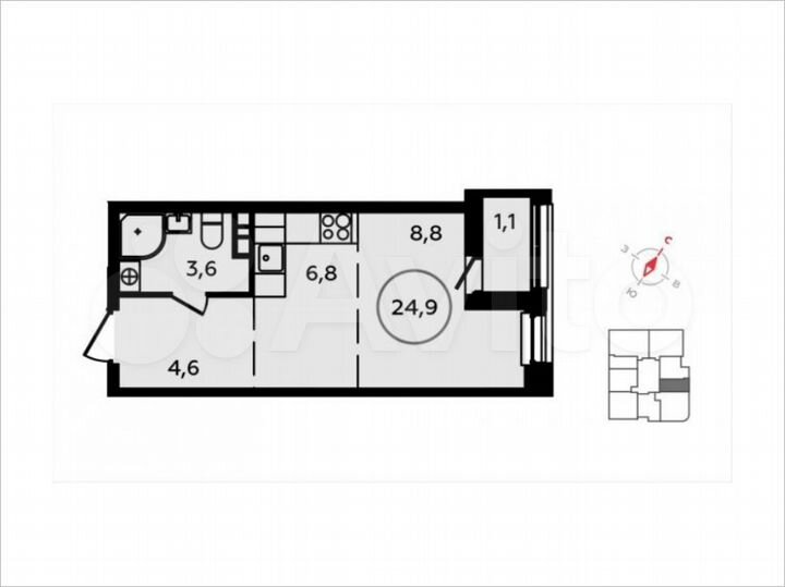 Квартира-студия, 24,9 м², 3/16 эт.
