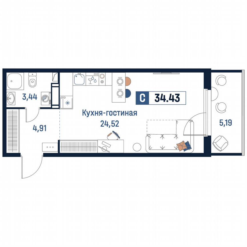 Квартира-студия, 34,4 м², 10/18 эт.