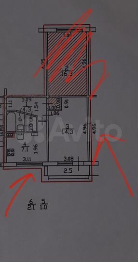 Комната 14 м² в 2-к., 5/5 эт.