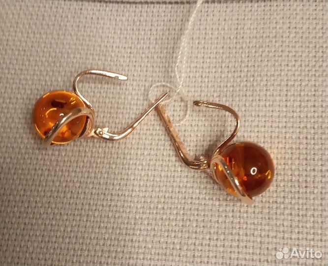 Новые серьги(натуральный янтарь,серебро (позолота)