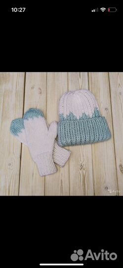 Шапка ручная вязка варежки и снуд