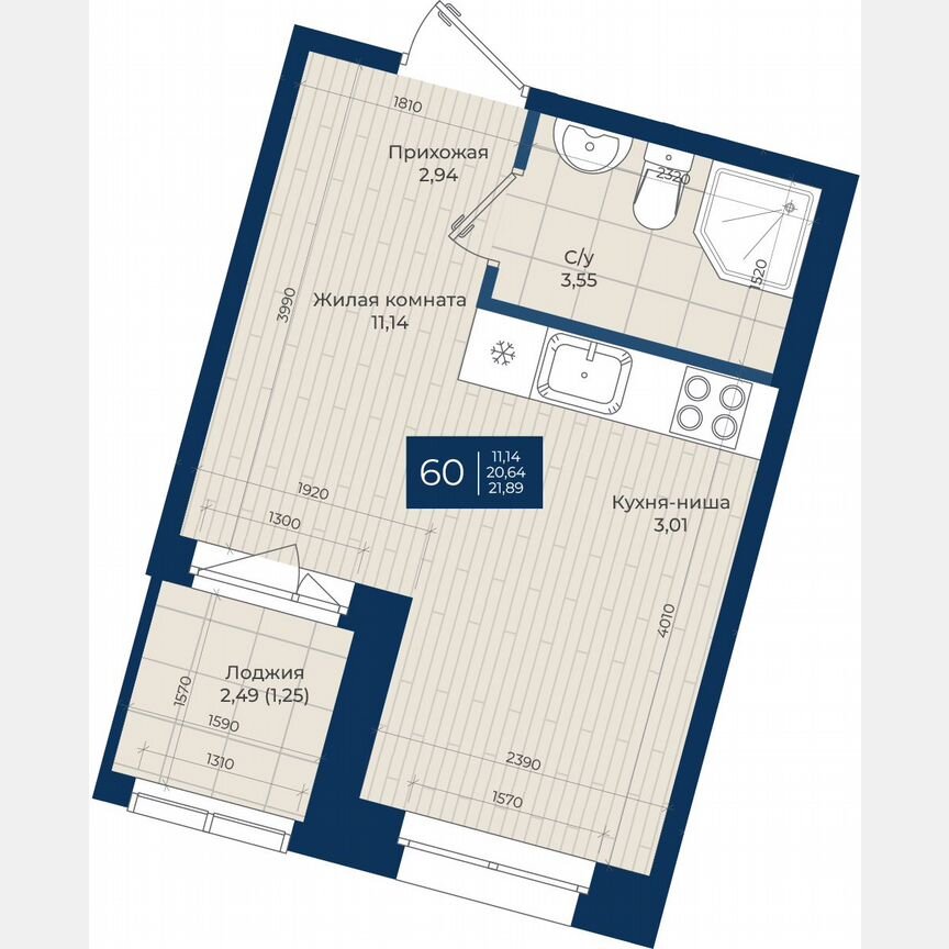 Квартира-студия, 21,9 м², 1/12 эт.