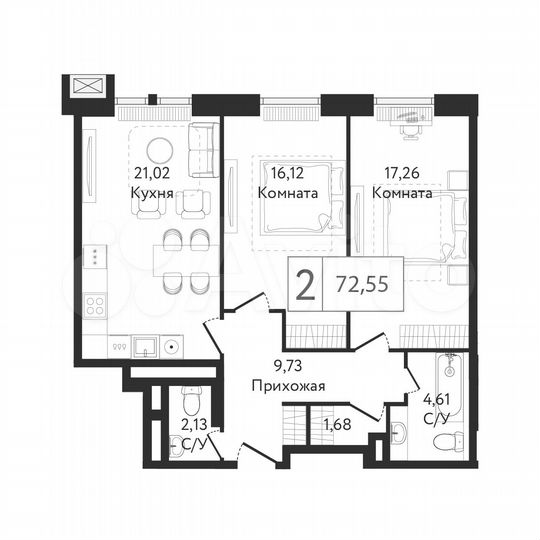 2-к. квартира, 72,6 м², 15/23 эт.