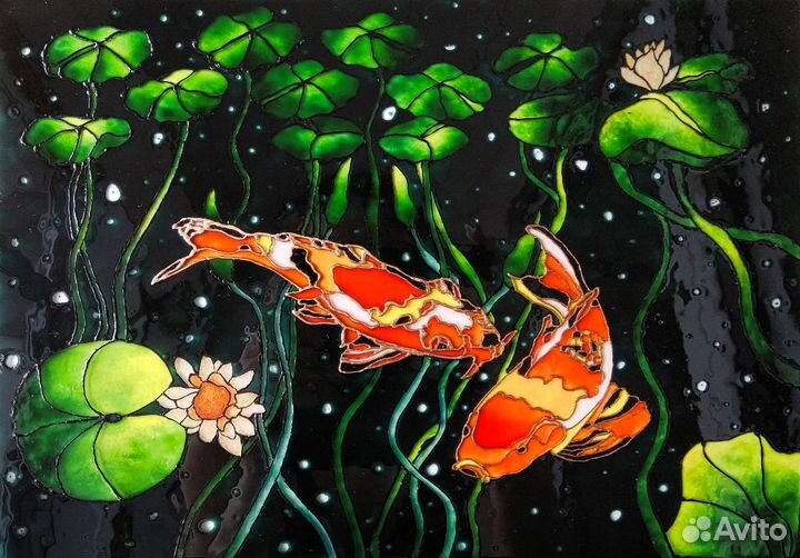 Декоративное панно Карпы и Лотосы. Витражная роспи