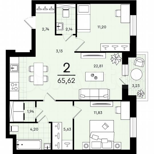 2-к. квартира, 65,6 м², 2/4 эт.