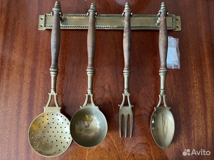 Набор кухонной утвари дерево/латунь винтаж