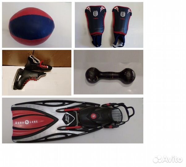 Ласты. Коньки. Гантели. Мяч. Щитки. Обруч