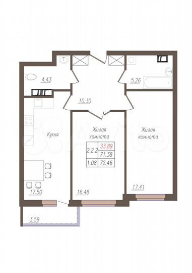 2-к. квартира, 71,4 м², 17/19 эт.