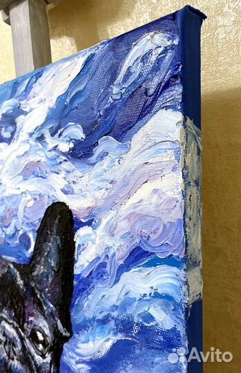 Картина маслом собака Французский бульдог черный