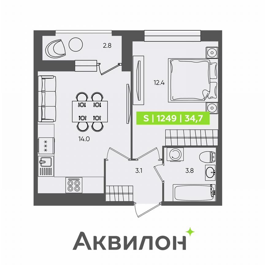 1-к. квартира, 34,7 м², 1/13 эт.