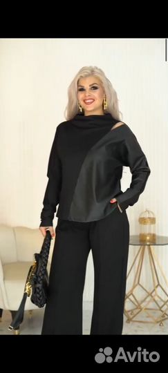 Костюм женский кофта из экокожи,брюки палаццо с