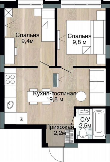 Своб. планировка, 45,2 м², 2/15 эт.