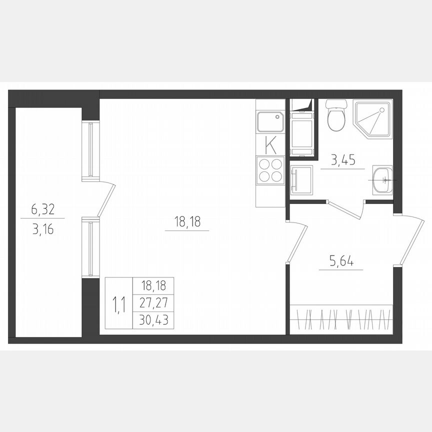 Квартира-студия, 30,4 м², 4/8 эт.