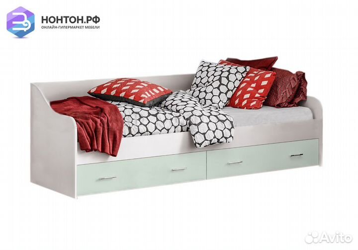 Кровать с 2-я ящиками Вега Алфавит белый / мятный
