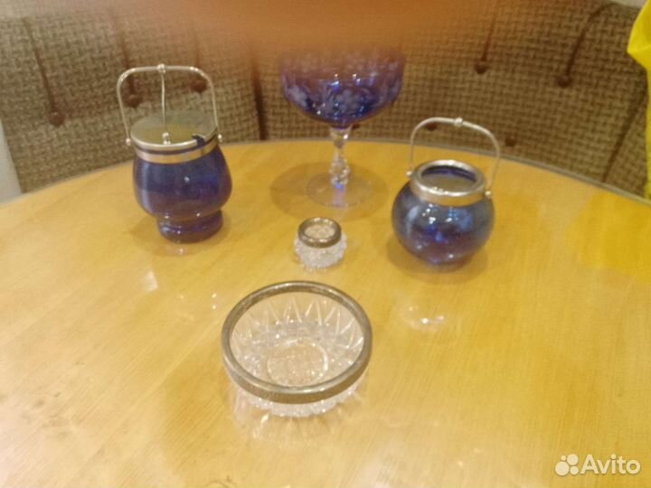 Сахарница конфетница СССР синее стекло