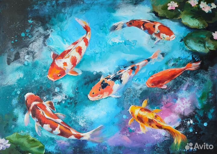 Картина маслом с рыбками кои 50/70 см