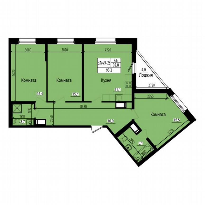 3-к. квартира, 95,3 м², 16/23 эт.
