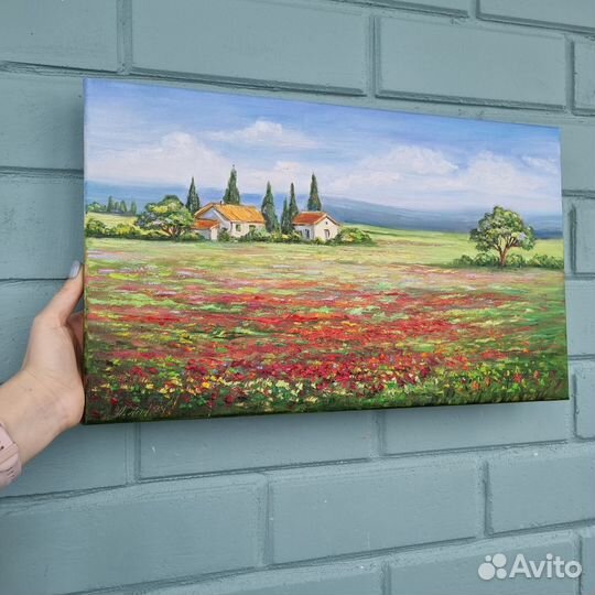 Картина маслом пейзаж маки Прованс цветы домики