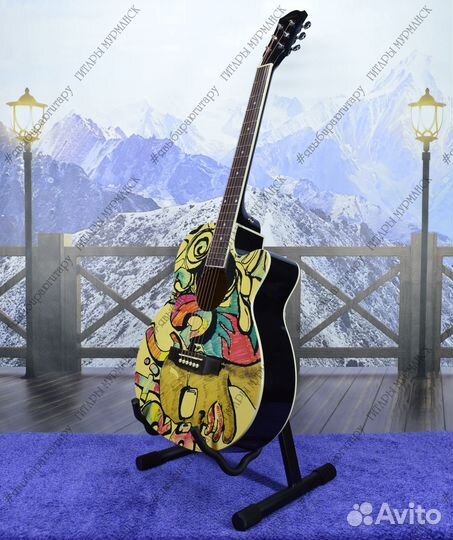 Акустическая гитара с принтом (новая) + аксессуары